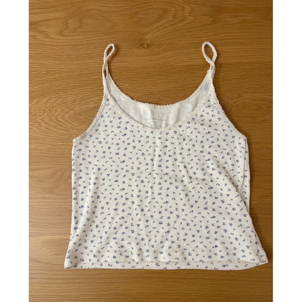 Brandy Melville Blue Floral Pointelle Lace Trim Cami Tank Top Cream One Size - Picture 3 of 8